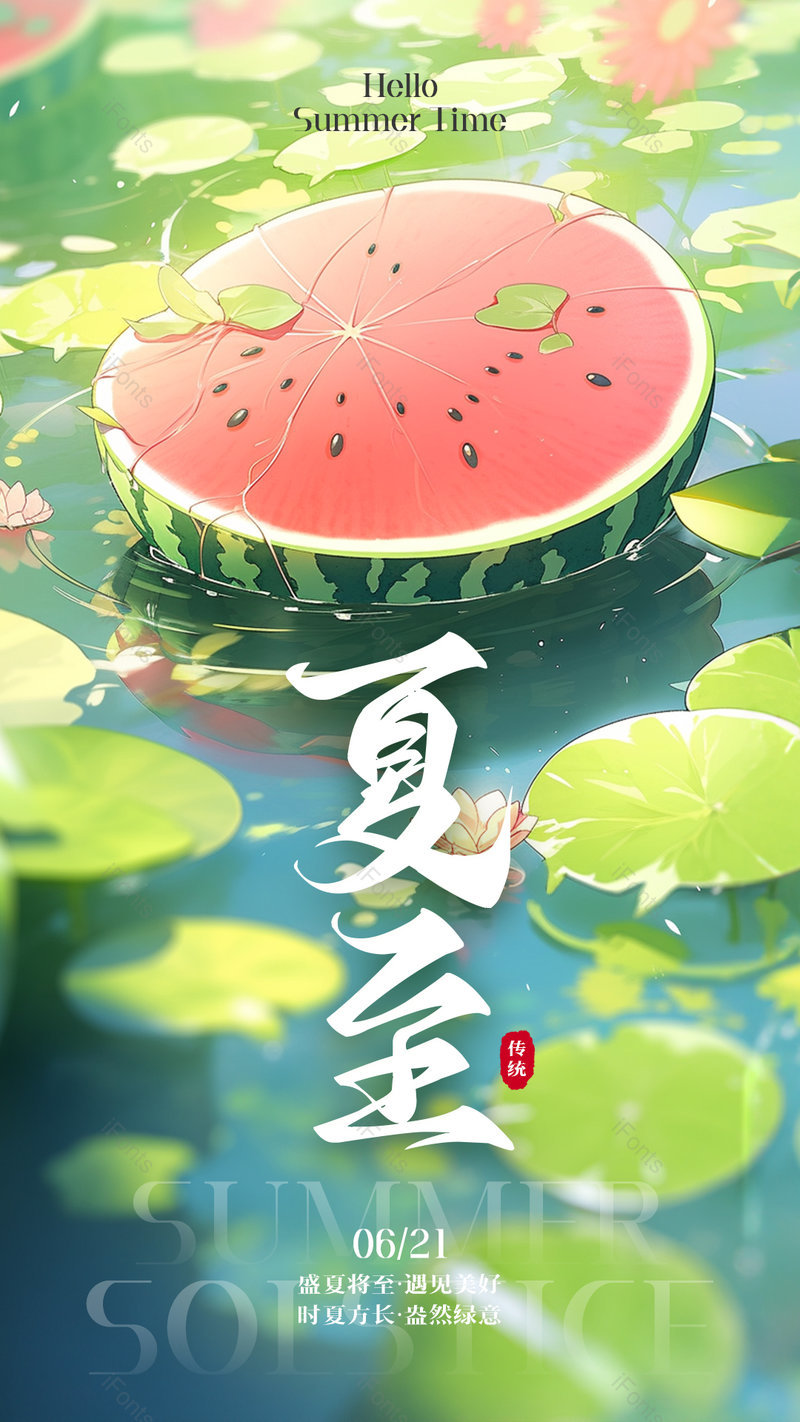 池塘荷叶西瓜卡通插画夏至节气海报,设计模板,设计模板大全,设计模板下载